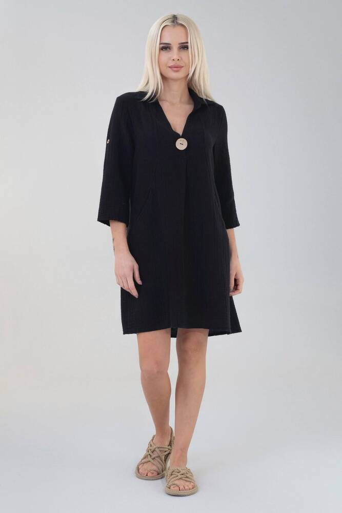 Müslin Fakir Kol Doğal Pamuk Önü Cepli Fakir Kol Tunik Elbise Siyah - Wenor