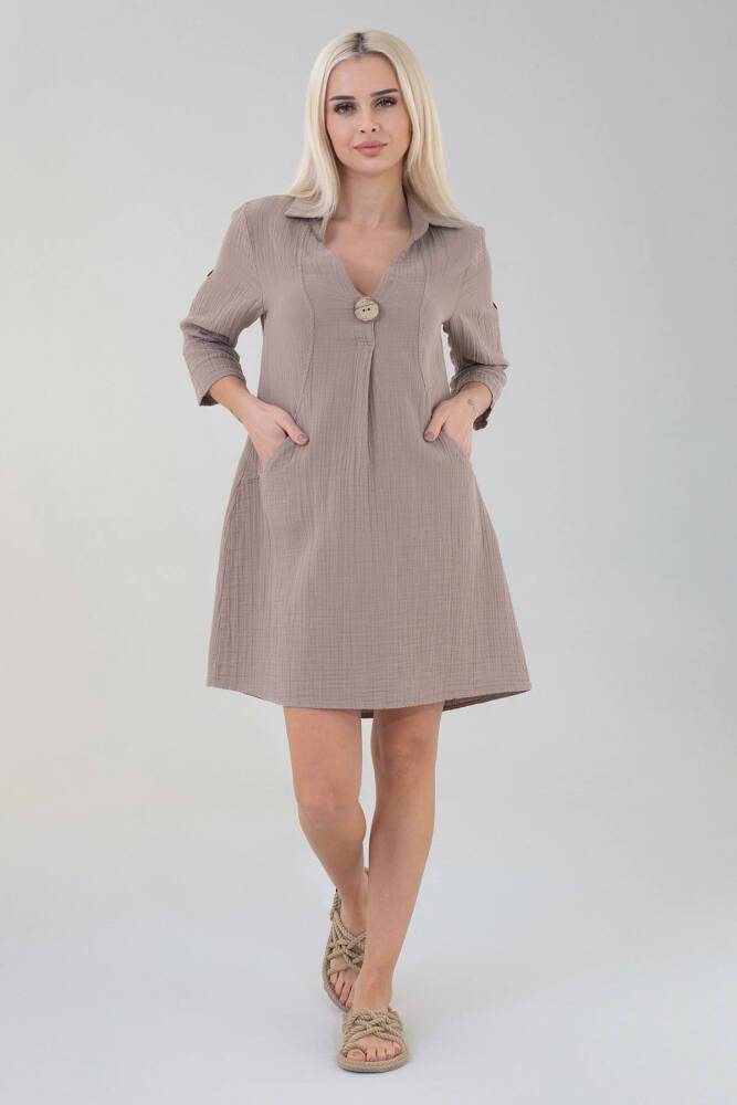 Müslin Fakir Kol Doğal Pamuk Önü Cepli Fakir Kol Tunik Elbise Vizon - Wenor