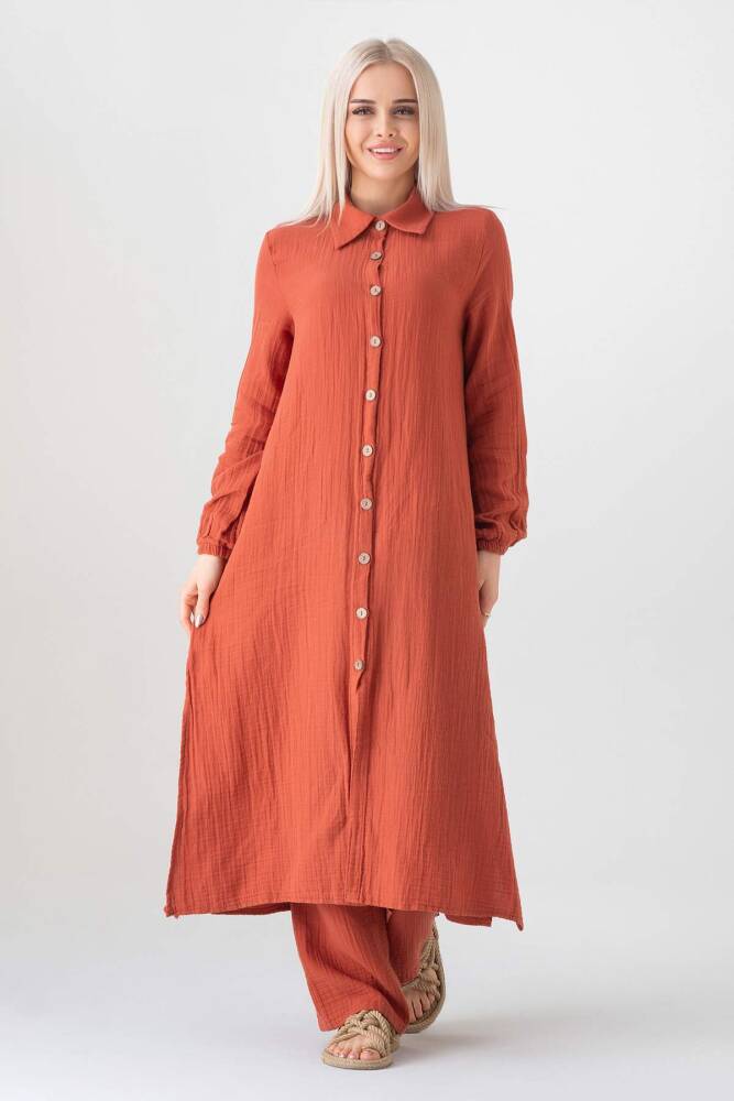 Müslin Kumaş %100 Doğal Pamuk Nergis Uzun Pantolonlu Tesettür Takım Kiremit - Wenor