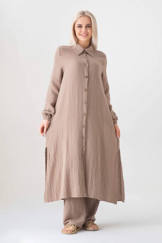 Müslin Kumaş %100 Doğal Pamuk Nergis Uzun Pantolonlu Tesettür Takım Vizon - Wenor