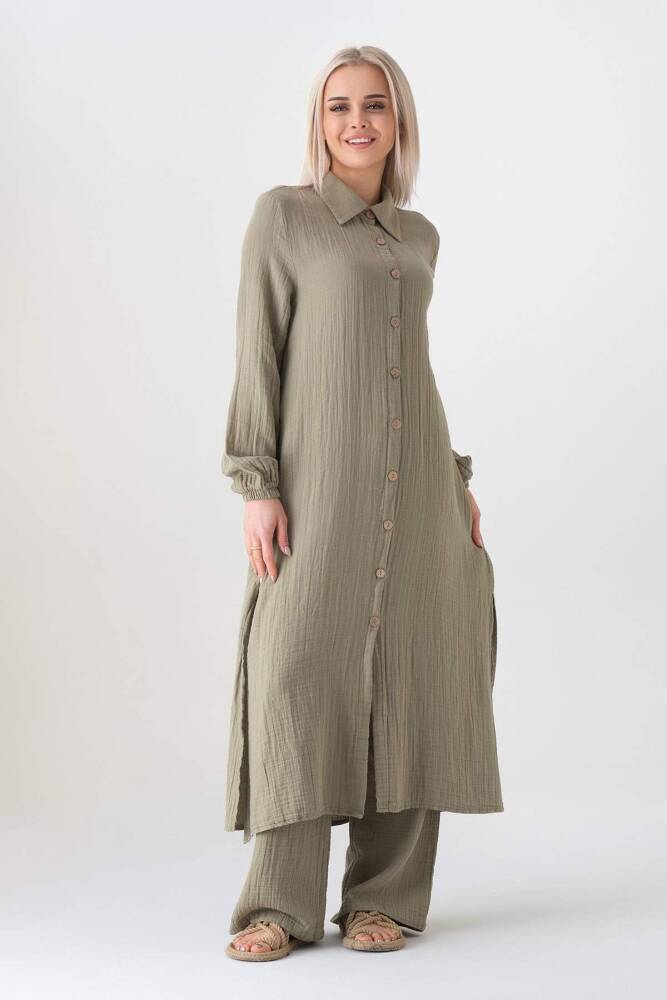 Müslin Kumaş %100 Doğal Pamuk Nergis Uzun Pantolonlu Tesettür Takım Yeşil - Wenor