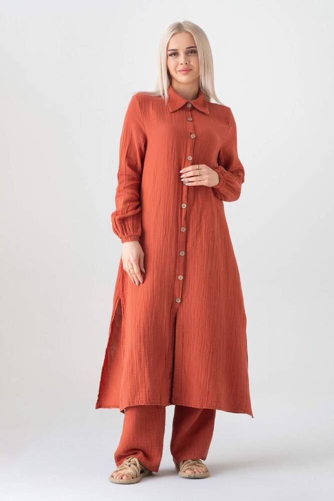 Müslin Kumaş %100 Doğal Pamuk Uzun Nergis Tunik Tesettür Kiremit - Wenor