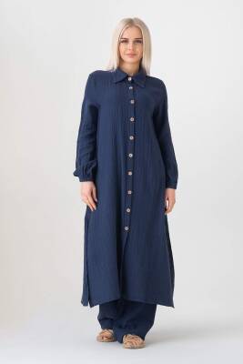 Müslin Kumaş %100 Doğal Pamuk Uzun Nergis Tunik Tesettür Lacivert - Wenor
