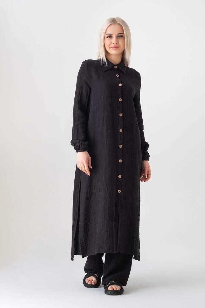 Müslin Kumaş %100 Doğal Pamuk Uzun Nergis Tunik Tesettür Siyah - Wenor