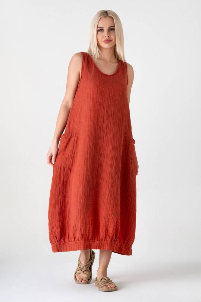 Müslin Kumaş %100 Pamuk Kolsuz Yazlık Salaş Otantik Bayan Elbise Kiremit - Wenor