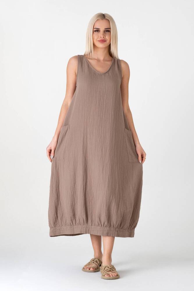 Müslin Kumaş %100 Pamuk Kolsuz Yazlık Salaş Otantik Bayan Elbise Vizon - Wenor