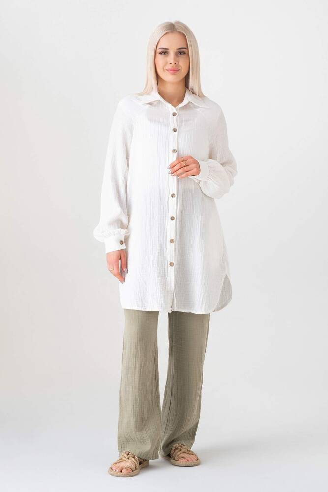 Müslin Kumaş %100 Pamuk Reglan Kol Bayan Gömlek Beyaz - Wenor