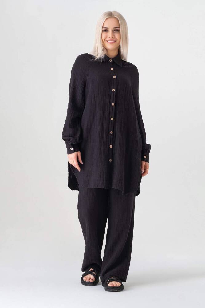 Müslin Kumaş %100 Pamuk Reglan Kol Bayan Gömlek Siyah - Wenor
