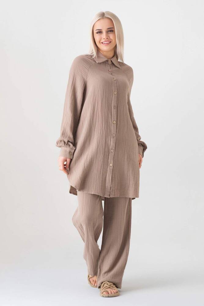 Müslin Kumaş %100 Pamuk Reglan Kol Bayan Gömlek Vizon - Wenor