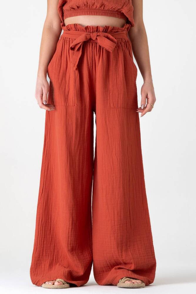 Müslin Kumaş %100 Pamuk Yüksek Bel Büzgü Detay Cepli Bayan Müslin Pantolon Kiremit - Wenor