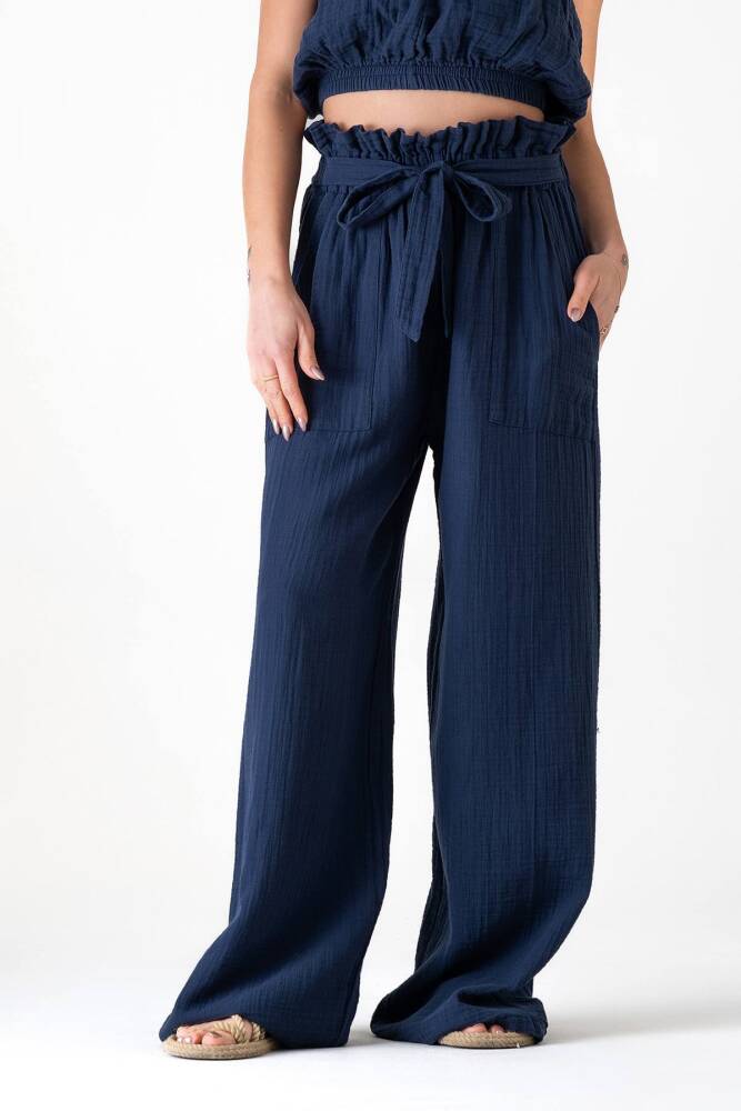 Müslin Kumaş %100 Pamuk Yüksek Bel Büzgü Detay Cepli Bayan Müslin Pantolon Lacivert - Wenor
