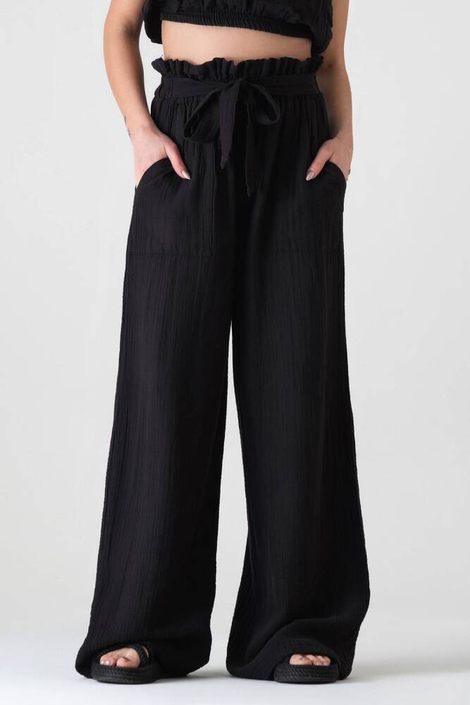 Müslin Kumaş %100 Pamuk Yüksek Bel Büzgü Detay Cepli Bayan Müslin Pantolon Siyah - Wenor