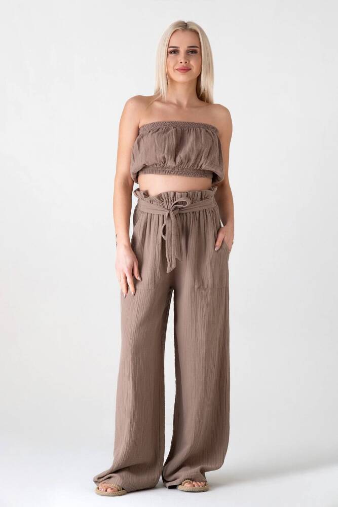 Müslin Kumaş %100 Pamuk Yüksek Bel Büzgü Detay Cepli Bayan Müslin Pantolon Vizon - Wenor