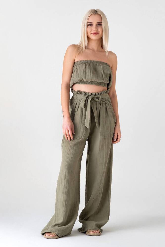 Müslin Kumaş %100 Pamuk Yüksek Bel Büzgü Detay Cepli Bayan Müslin Pantolon Yeşil - Wenor