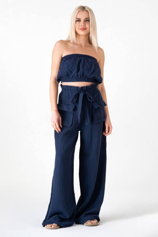 Müslin Kumaş %100 Pamuk Yüksek Bel Önden Kargo Cep Bayan Pantolon Lacivert - Wenor