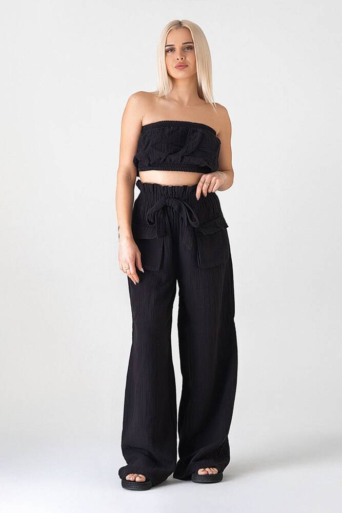 Müslin Kumaş %100 Pamuk Yüksek Bel Önden Kargo Cep Bayan Pantolon Siyah - Wenor