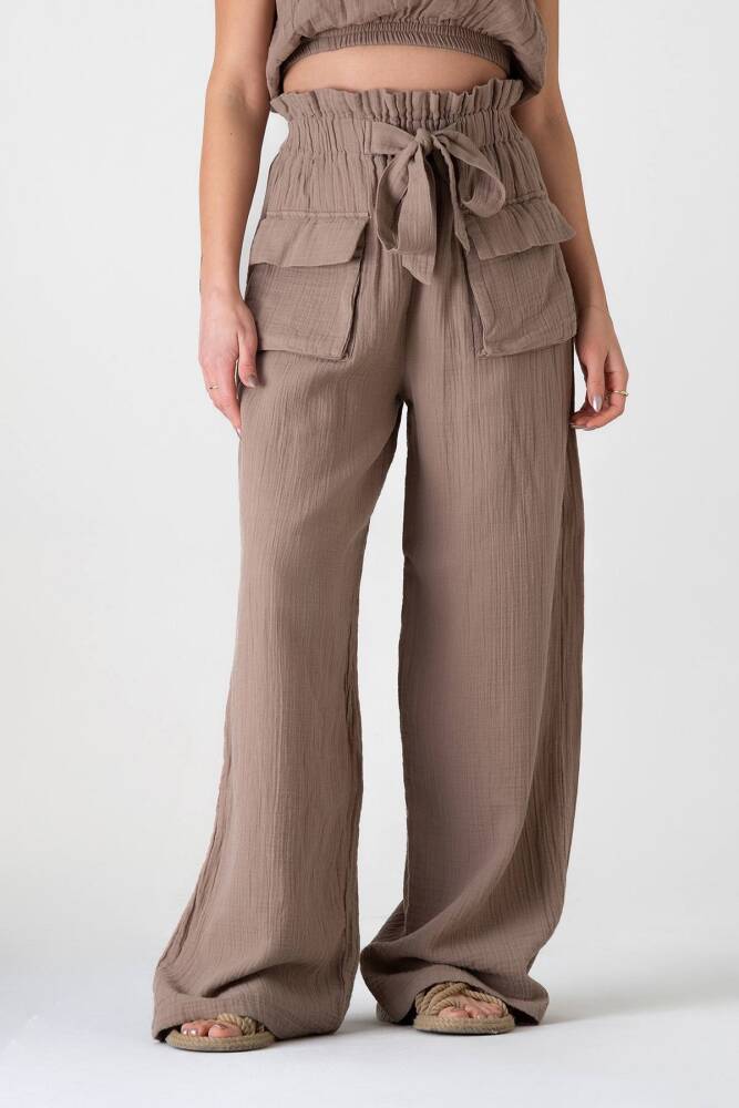 Müslin Kumaş %100 Pamuk Yüksek Bel Önden Kargo Cep Bayan Pantolon Vizon - Wenor