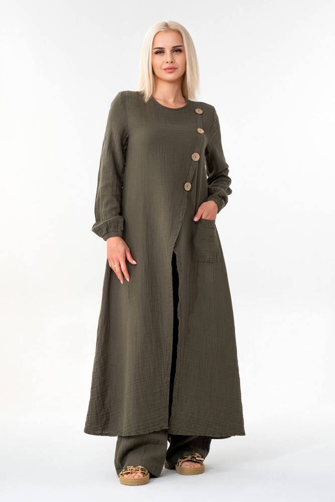 Müslin Kumaş Düğme Detay Önden Yırtmaçlı %100 Pamuk Tesettür Tunik Haki - Wenor