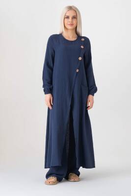 Müslin Kumaş Düğme Detay Önden Yırtmaçlı %100 Pamuk Tesettür Tunik Lacivert - Wenor