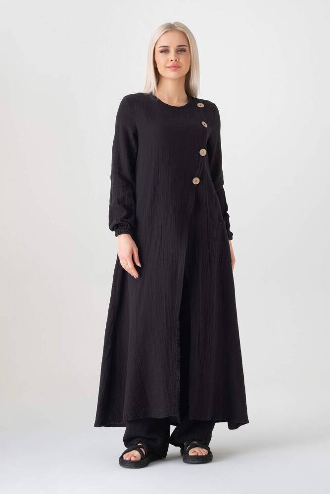 Müslin Kumaş Düğme Detay Önden Yırtmaçlı %100 Pamuk Tesettür Tunik Siyah - Wenor