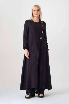 Müslin Kumaş Düğme Detay Önden Yırtmaçlı %100 Pamuk Tesettür Tunik Siyah - Wenor