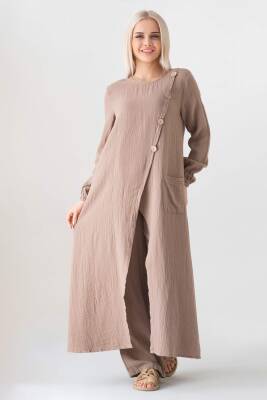 Müslin Kumaş Düğme Detay Önden Yırtmaçlı %100 Pamuk Tesettür Tunik Vizon - Wenor