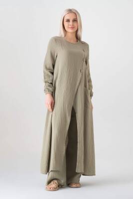 Müslin Kumaş Düğme Detay Önden Yırtmaçlı %100 Pamuk Tesettür Tunik Yeşil - Wenor