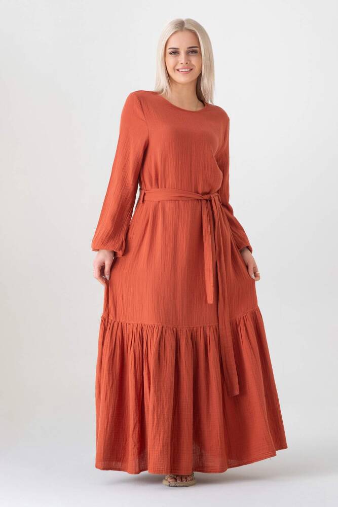 Müslin Kumaş Eteği Büzgü %100 Pamuk Günlük Yazlık Tesettür Elbise Kiremit - Wenor