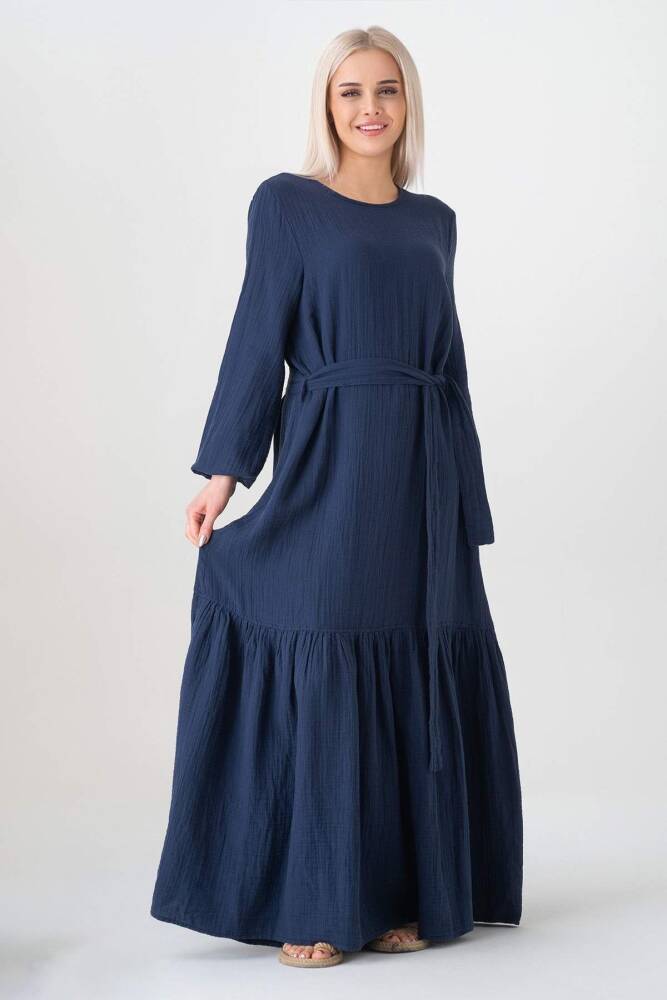 Müslin Kumaş Eteği Büzgü %100 Pamuk Günlük Yazlık Tesettür Elbise Lacivert - Wenor