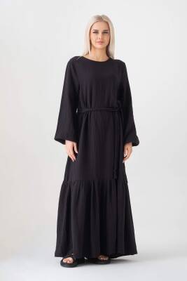 Müslin Kumaş Eteği Büzgü %100 Pamuk Günlük Yazlık Tesettür Elbise Siyah - Wenor