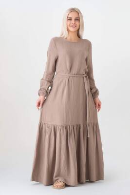 Müslin Kumaş Eteği Büzgü %100 Pamuk Günlük Yazlık Tesettür Elbise Vizon - Wenor