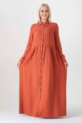 Müslin Kumaş Önden Düğmeli %100 Doğal Pamuk Kumaş Yazlık Uzun Tesettür Elbise Kiremit - Wenor