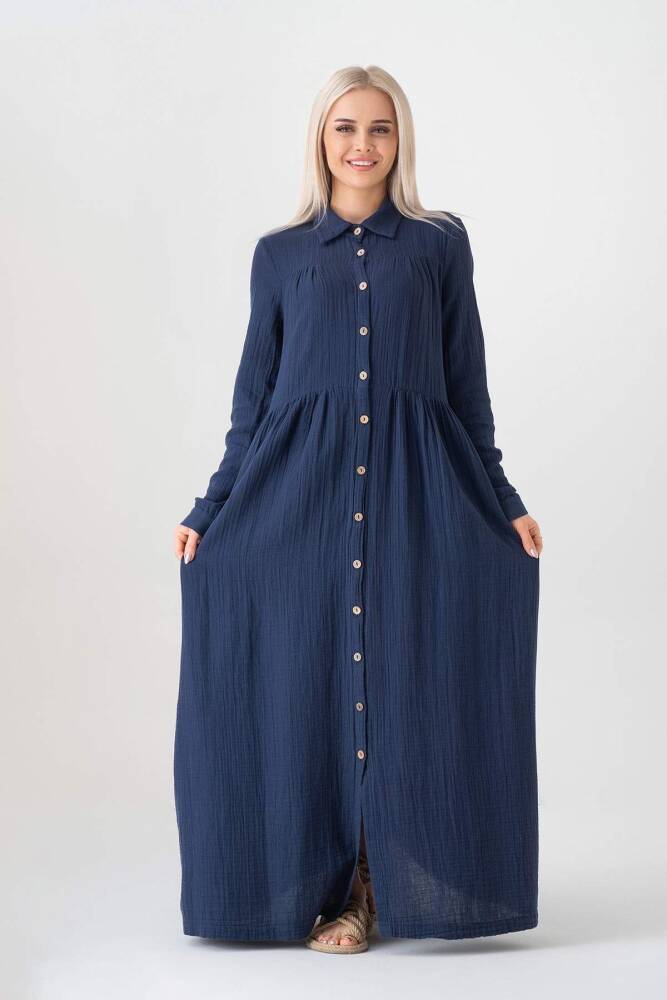 Müslin Kumaş Önden Düğmeli %100 Doğal Pamuk Kumaş Yazlık Uzun Tesettür Elbise Lacivert - Wenor