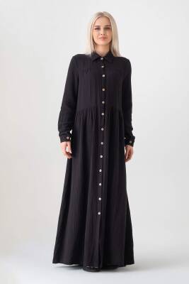 Müslin Kumaş Önden Düğmeli %100 Doğal Pamuk Kumaş Yazlık Uzun Tesettür Elbise Siyah - Wenor