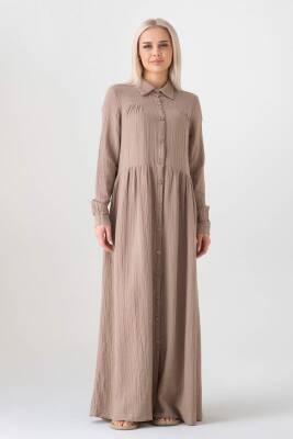 Müslin Kumaş Önden Düğmeli %100 Doğal Pamuk Kumaş Yazlık Uzun Tesettür Elbise Vizon - Wenor