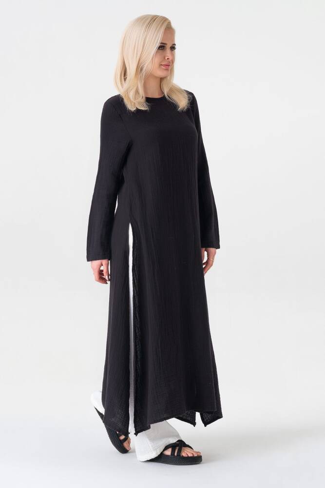 Müslin Kumaş Yandan Yırtmaçlı %100 Pamuk Tesettür Tunik Siyah - Wenor