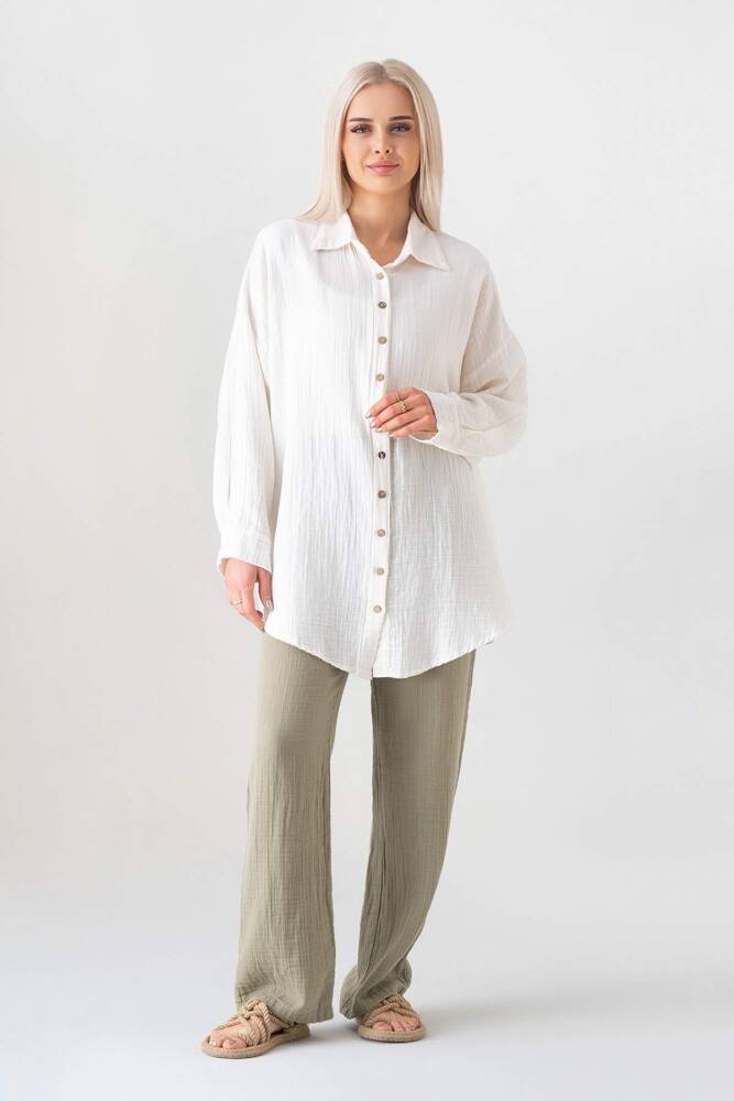Müslin Owersize Doğal Kumaş %100 Pamuk Natural Kadın Gömlek Beyaz - Wenor