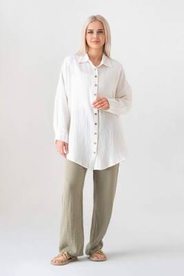 Müslin Owersize Doğal Kumaş %100 Pamuk Natural Kadın Gömlek Beyaz - Wenor