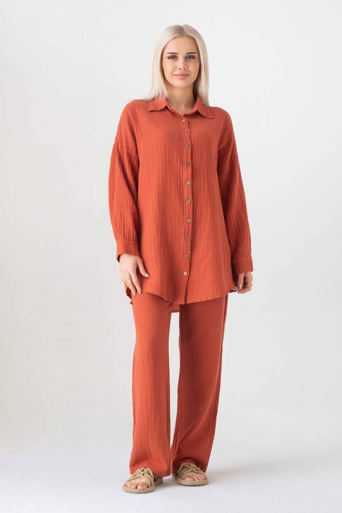 Müslin Owersize Doğal Kumaş %100 Pamuk Natural Kadın Gömlek Kiremit - Wenor