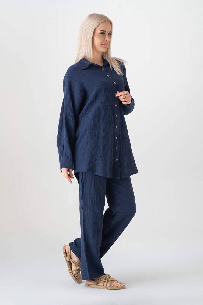Müslin Owersize Doğal Kumaş %100 Pamuk Natural Kadın Gömlek Lacivert - Wenor