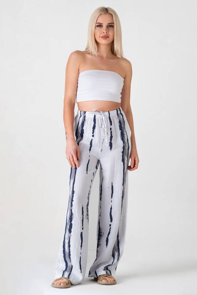 Müslin Pantolon Desenli %100 Pamuk Doğal Kumaş Beli Lastikli Cepli Gri - Wenor