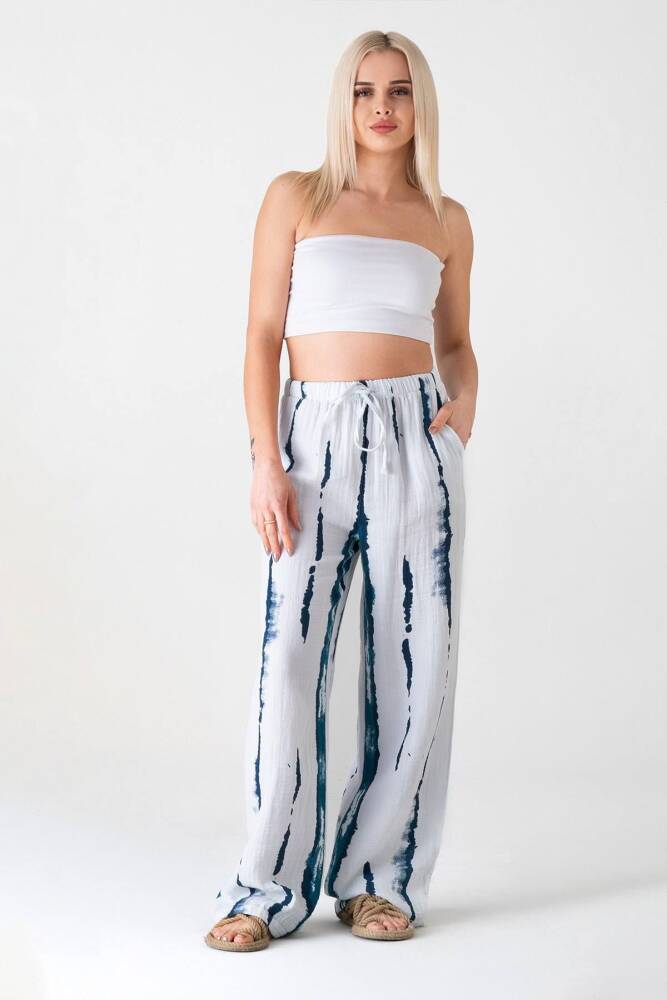 Müslin Pantolon Desenli %100 Pamuk Doğal Kumaş Beli Lastikli Cepli Petrol - Wenor