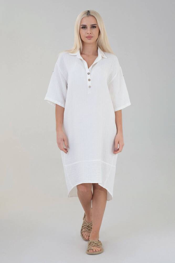 Müslin Robası Pencereli Pamuk Doğal Kumal Uzun Fakir Kol Elbise Beyaz - Wenor