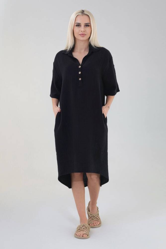 Müslin Robası Pencereli Pamuk Doğal Kumal Uzun Fakir Kol Elbise Siyah - Wenor