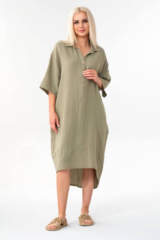 Müslin Robası Pencereli Pamuk Doğal Kumal Uzun Fakir Kol Elbise Yeşil - Wenor