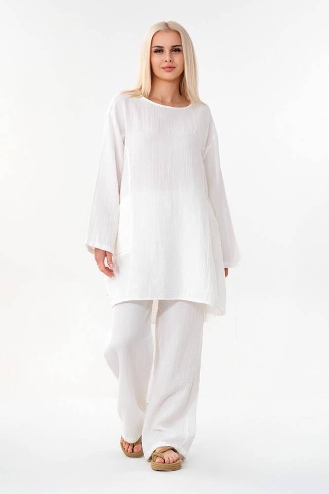 Müslin Tunik %100 Pamuk Cep Detay Salaş Müslin Elbise Tesettür Beyaz - Wenor