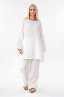 Müslin Tunik %100 Pamuk Cep Detay Salaş Müslin Elbise Tesettür Beyaz - Wenor