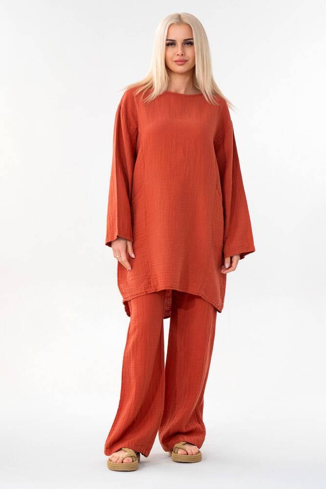 Müslin Tunik %100 Pamuk Cep Detay Salaş Müslin Elbise Tesettür Kiremit - Wenor