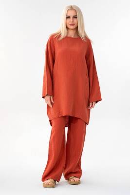 Müslin Tunik %100 Pamuk Cep Detay Salaş Müslin Elbise Tesettür Kiremit - Wenor