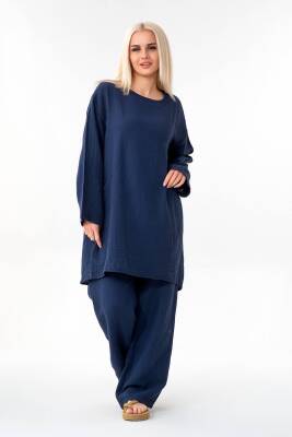 Müslin Tunik %100 Pamuk Cep Detay Salaş Müslin Elbise Tesettür Lacivert - Wenor